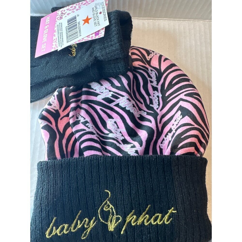 Baby Phat Girls’ Winter Hat & Gloves Set Pink Black Gold Logo Y2K Streetwear NWT